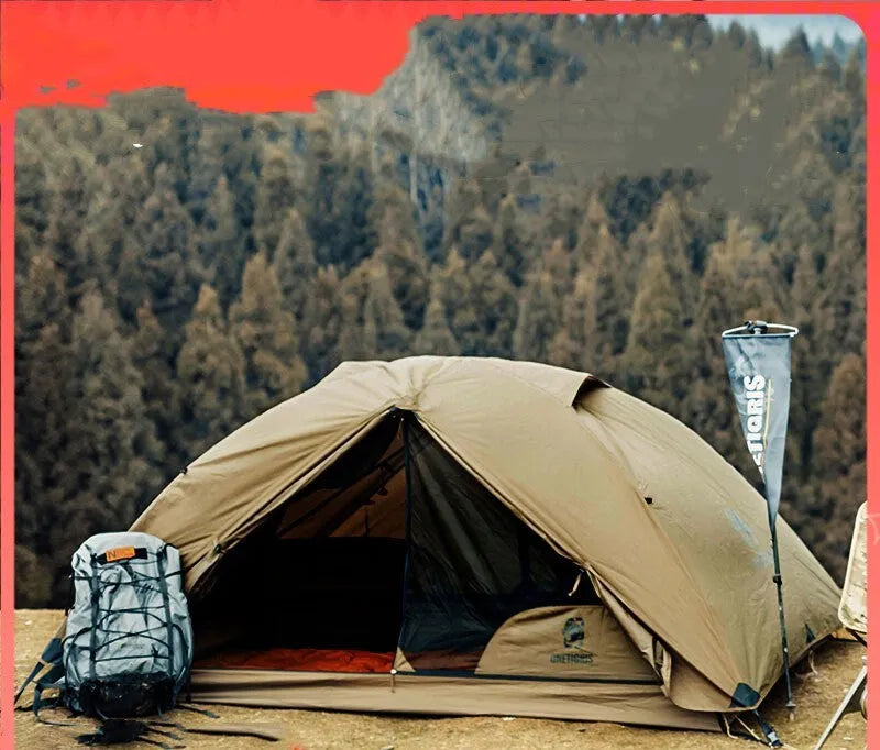 Leisure portable stand camp tent for 2 people in brown dark green with double layer structure 40D nylon gauze