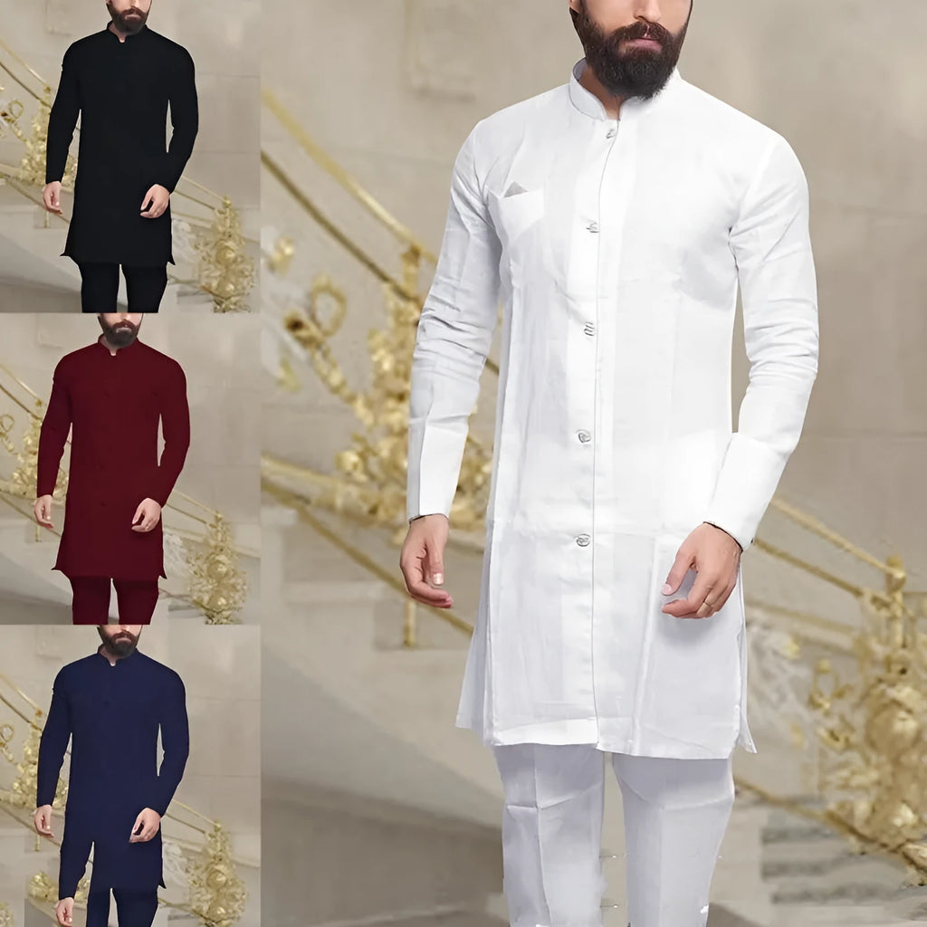 Men Muslim Middle Eastern long shirt in white with standing collar and long sleeves, loose fit, solid colour