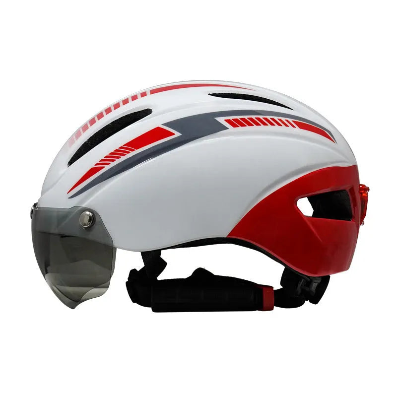 Adult cycling helmet with integrated red taillight on the back, shown in a blue, white, and black colour scheme.