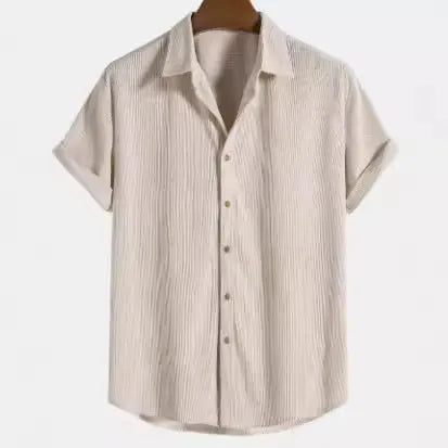 Men's light grey short-sleeve cardigan style casual shirt on a hanger.