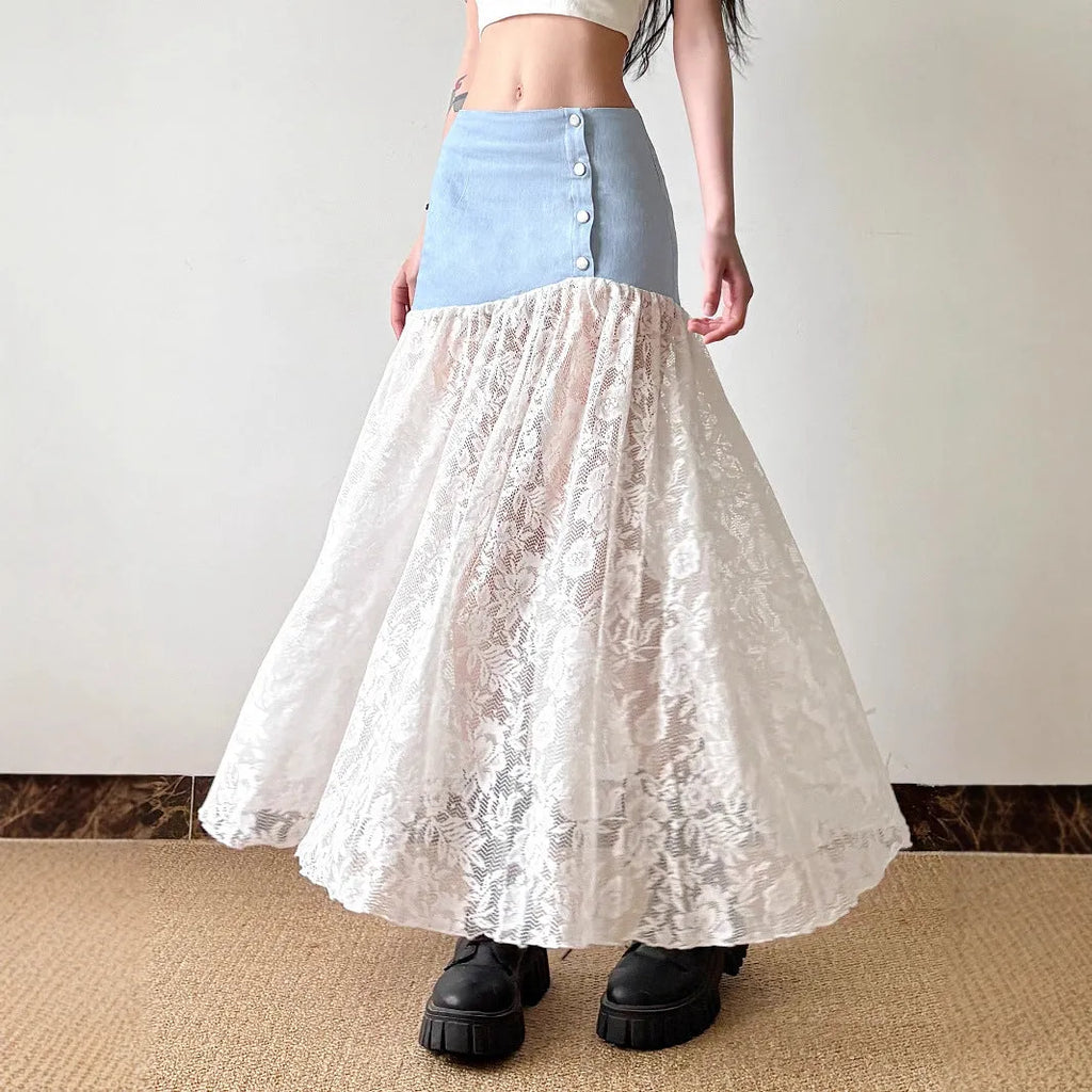 French style light blue denim A-line dress with lace stitching, low waist and breasted front, long skirt.