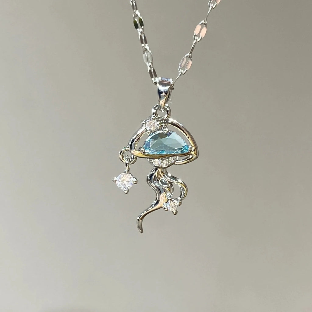 Sterling silver blue jellyfish necklace with white gold plating and adjustable chain
