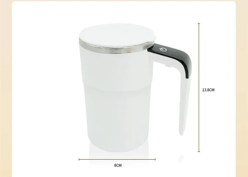 Black and white USB rechargeable electric stirring mug with LCD screen showing temperature, next to its magnetic stirrer.