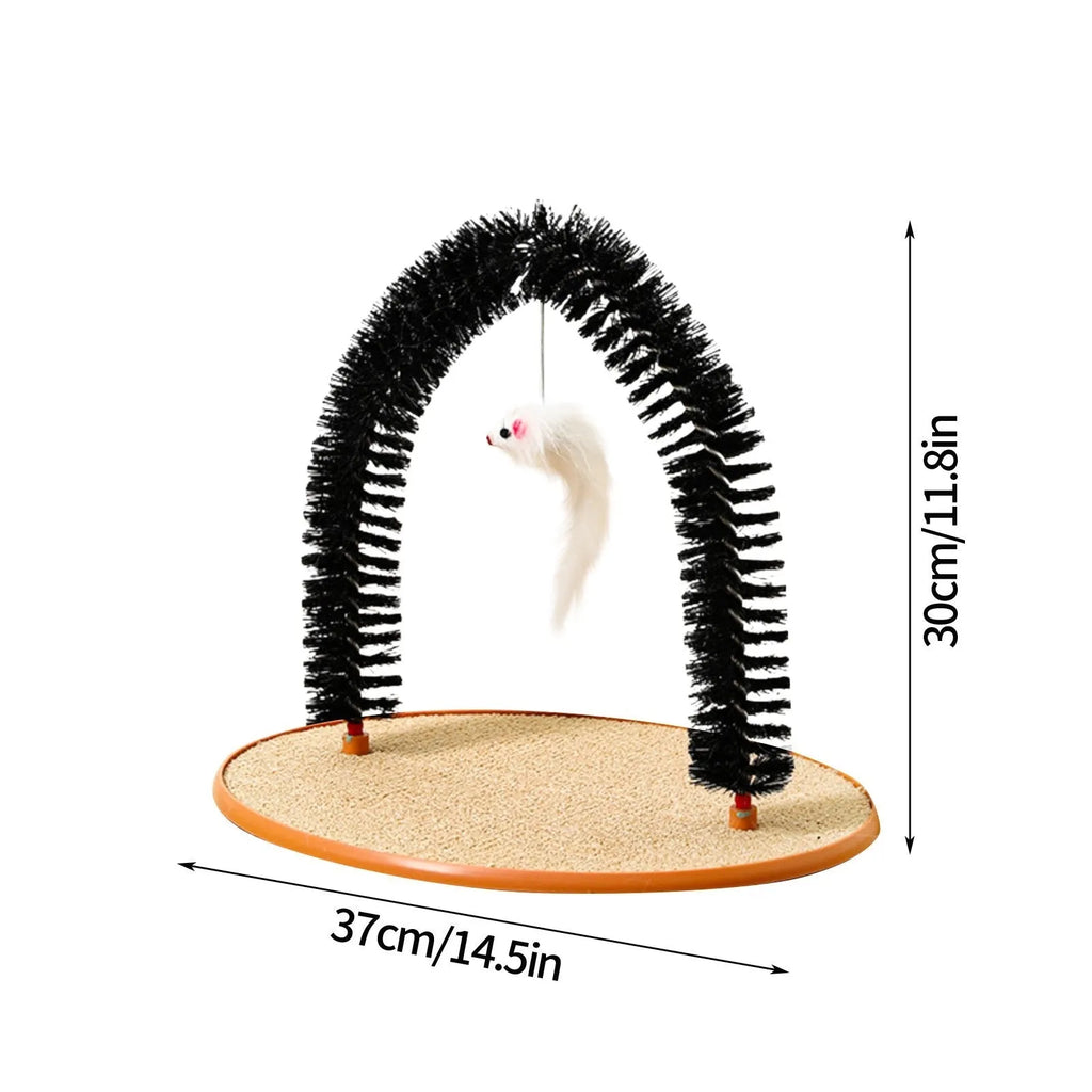 Black arch-shaped cat scratching post with grooming brush and attached mouse toy on non-slip base