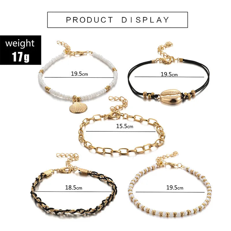 Five-piece gold tone anklet set with braided, shell and geometric ethnic style anklets for women