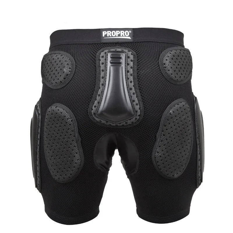 Black cycling hip protection pants with padding around the hip area, shown in sports context