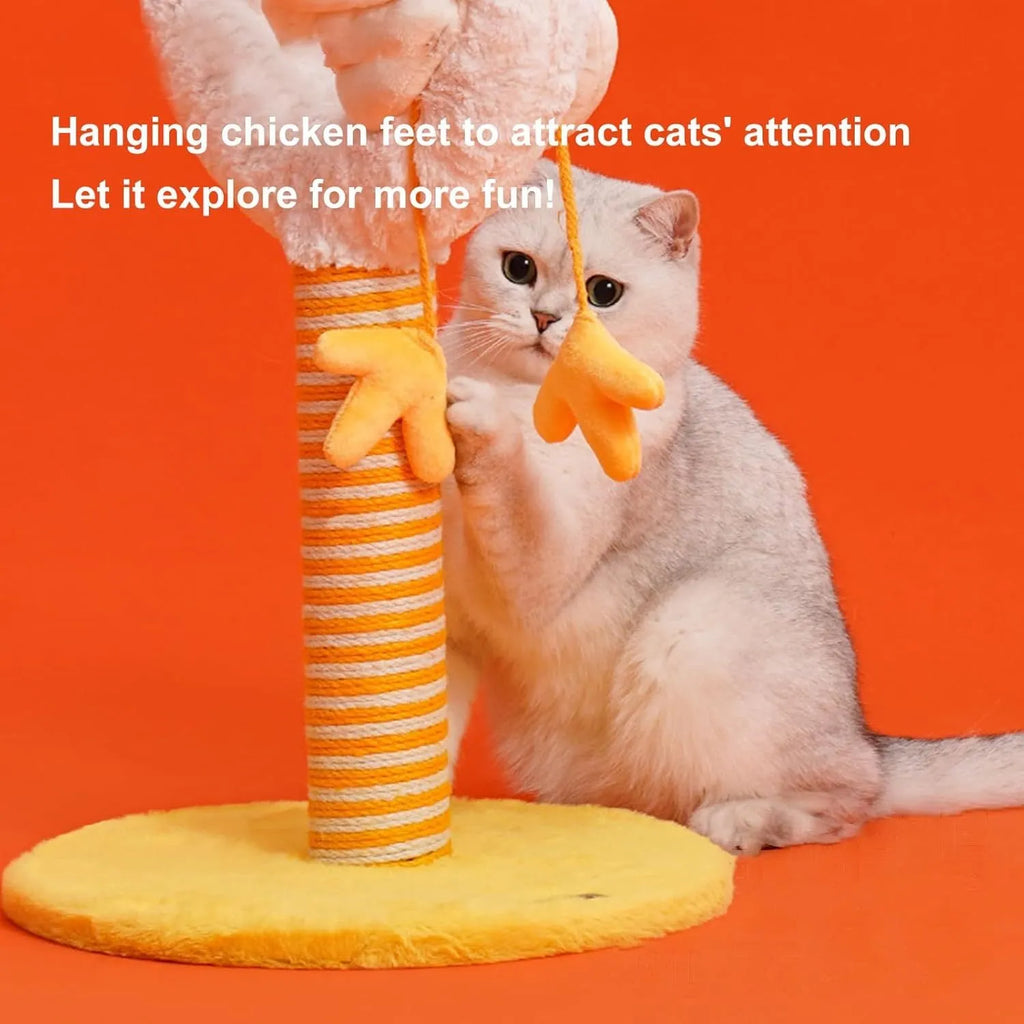 Yellow sisal rope cat scratching post with U-shaped design, spring ball, and solid wood base