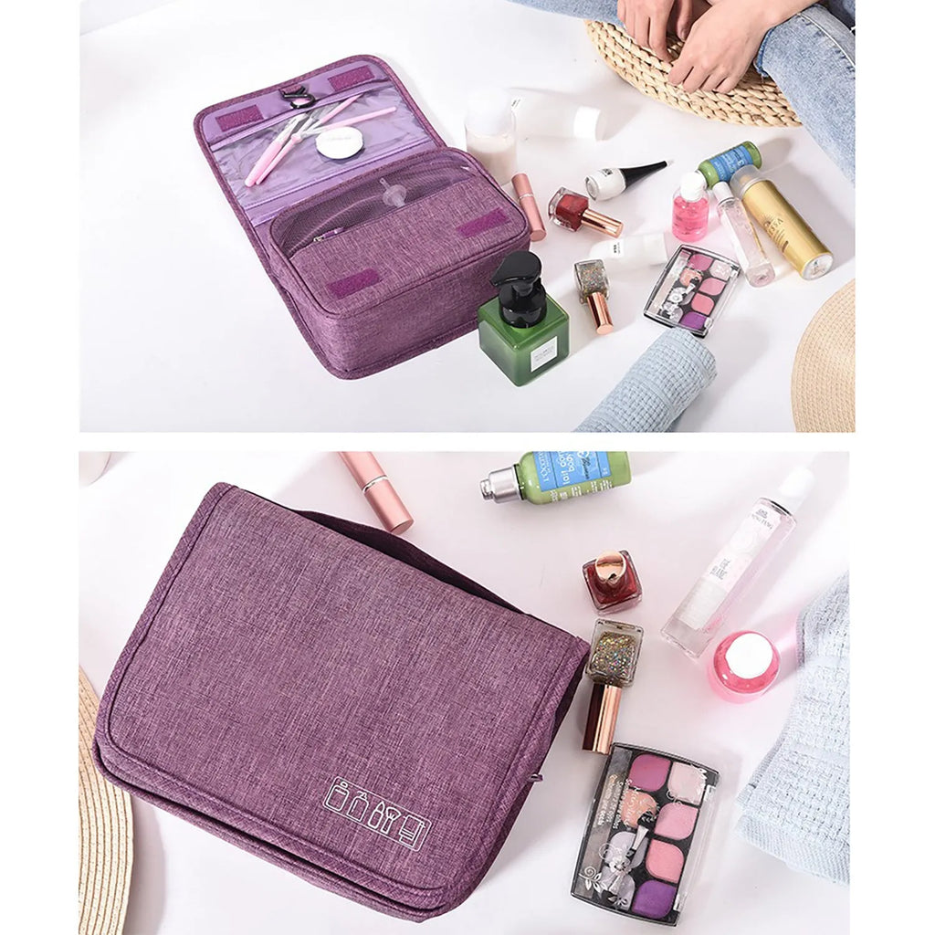 Waterproof nylon hanging toiletry bag with four zippered compartments and swivel hook, available in six colours.