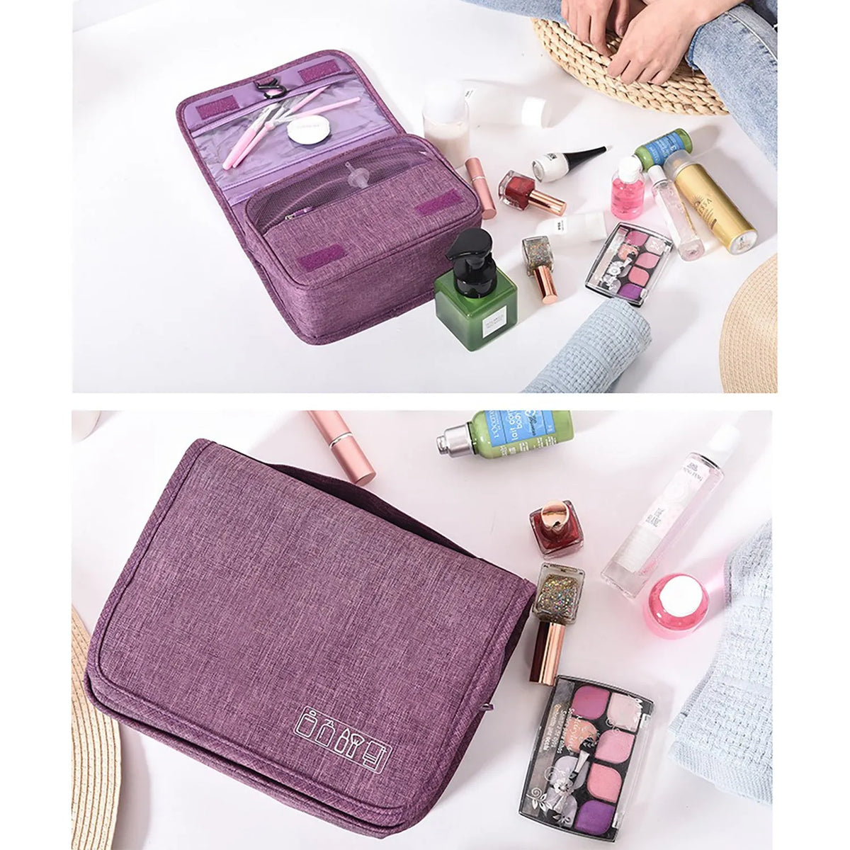 Waterproof nylon hanging toiletry bag with four zippered compartments and swivel hook, available in six colours.