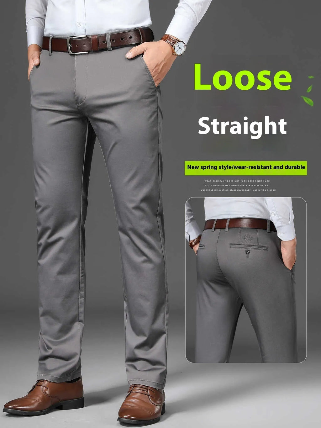 Men's straight leg trousers in black, shown on a hanger, featuring a non-iron stretch fabric blend.