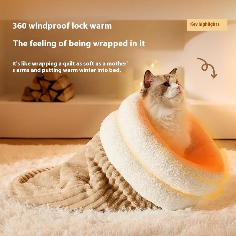 Brown semi-enclosed pet sleeping bag with plush interior for cats and dogs