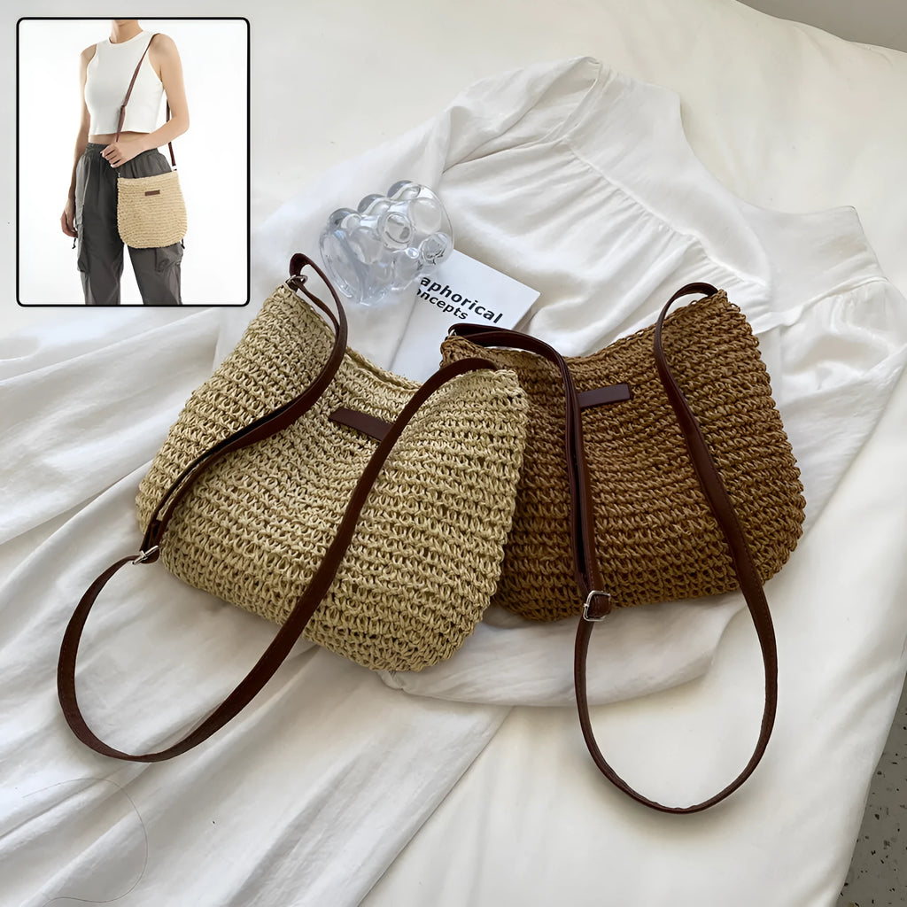 Medium woven straw tote bag with zipper in beige or dark khaki, 29cm wide, 23cm high, 6cm deep.
