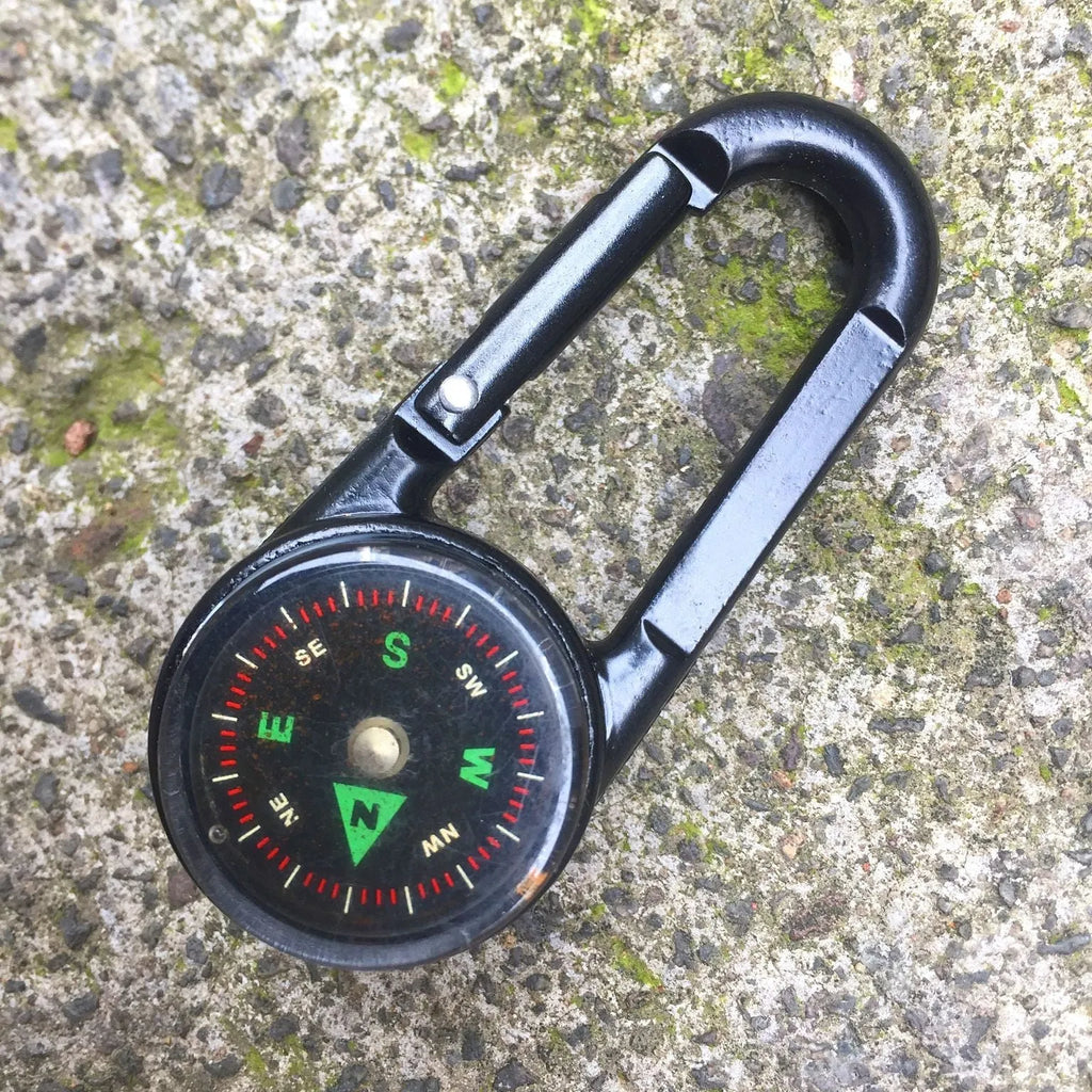 Black army green rose gold zinc alloy carabiner with thermometer and compass, showing double-sided climbing button.