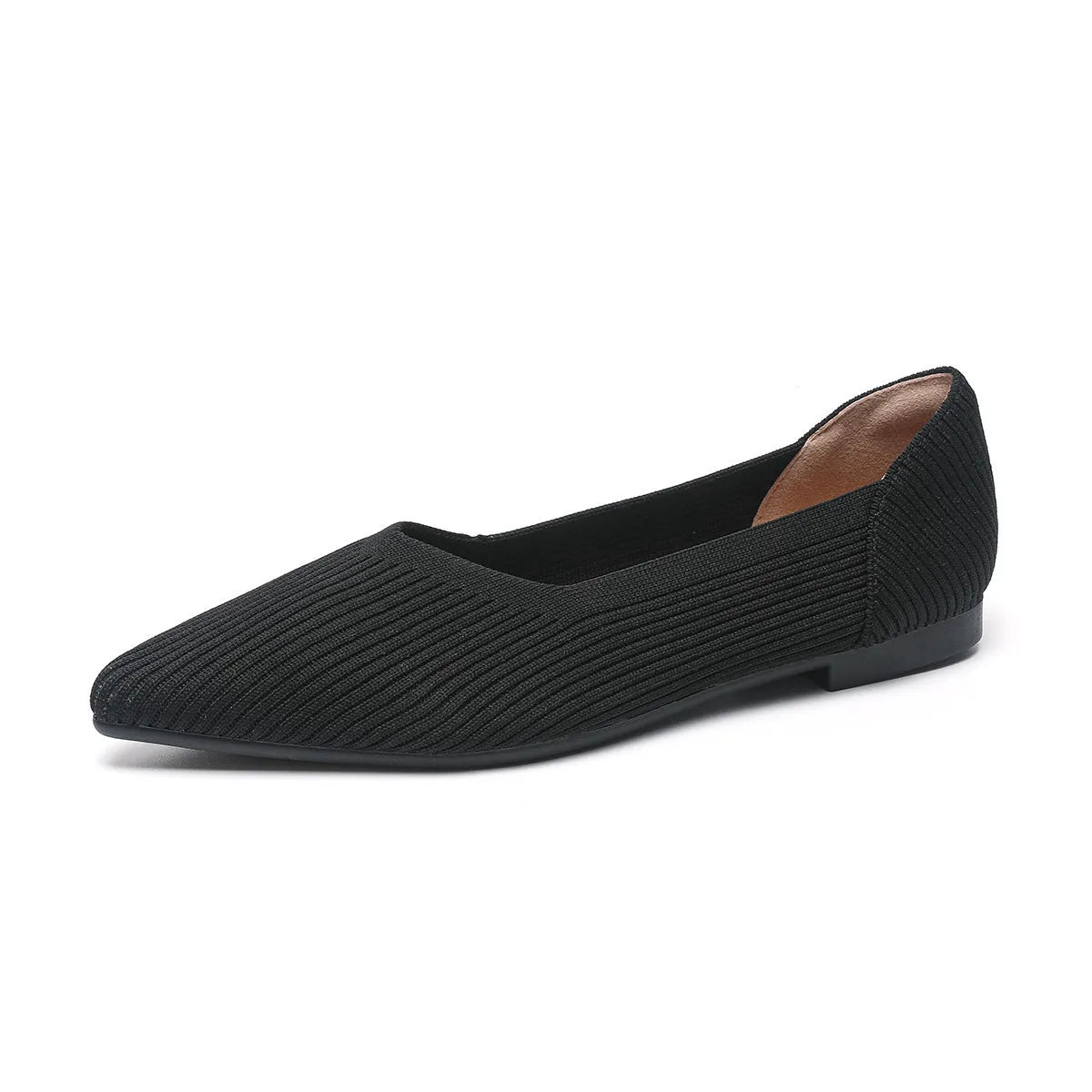 Women's knit flat pumps with pointed toe in microfiber, showing apricot colour option