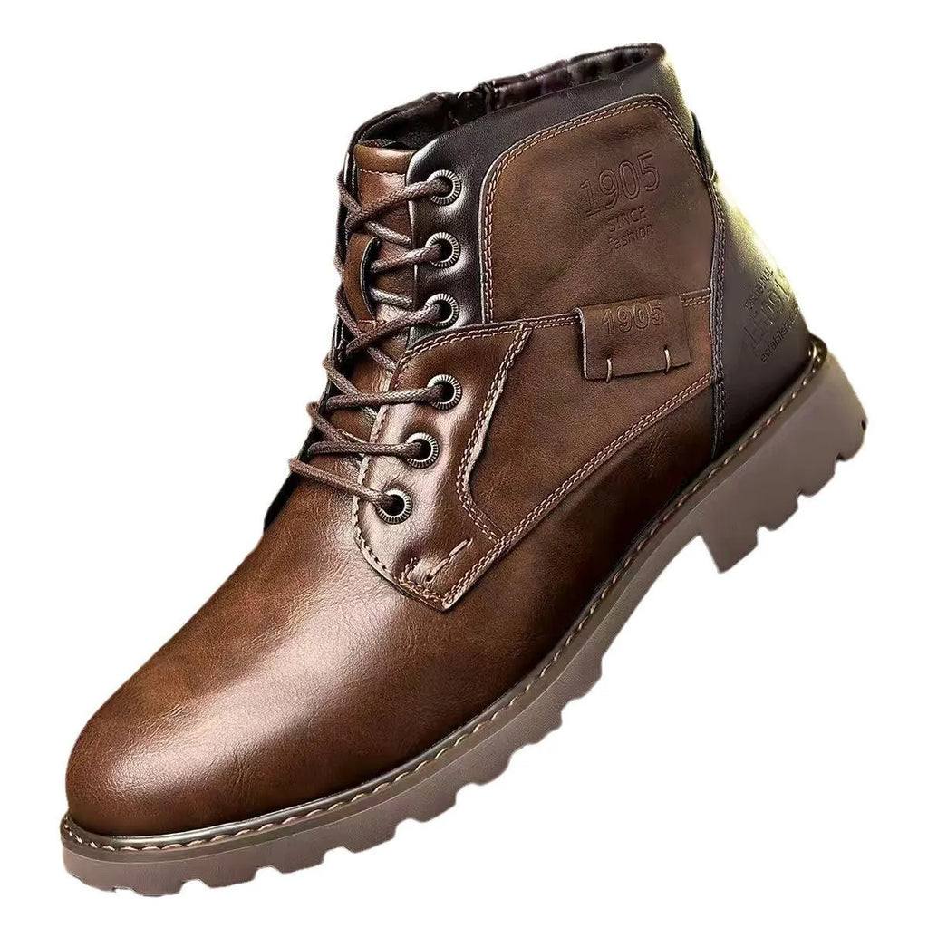 Men's brown ankle boot with a side zip fastening and round toe on a rubber sole.