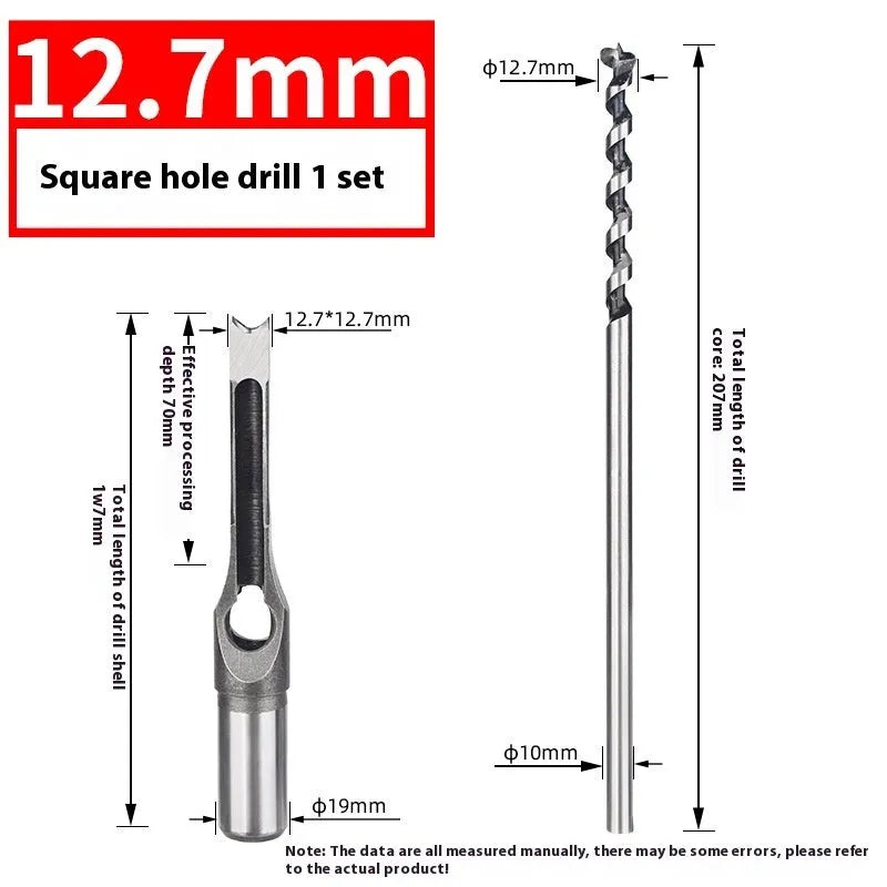 Square hole drill bit woodworking tool with 12.7mm carbon steel sleeve and core components