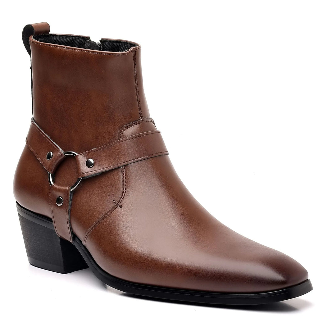 Black wild style unisex chain boots with side zipper and chunky horseshoe heel.