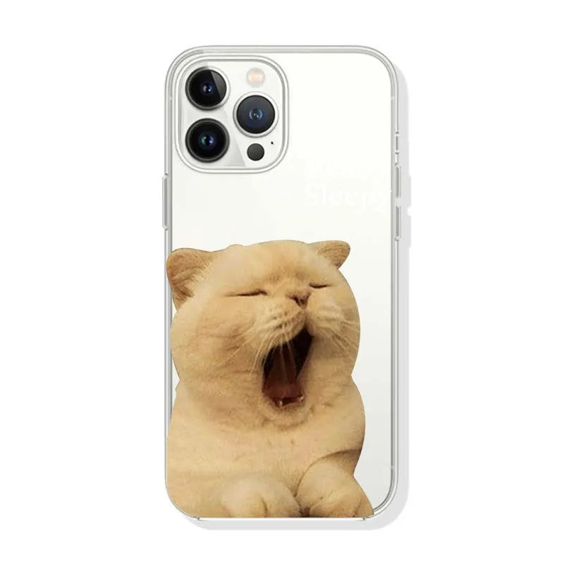 Simple Sleepy Yawn Cat phone case in black colour for iPhone with sprayed graphic on TPE material.
