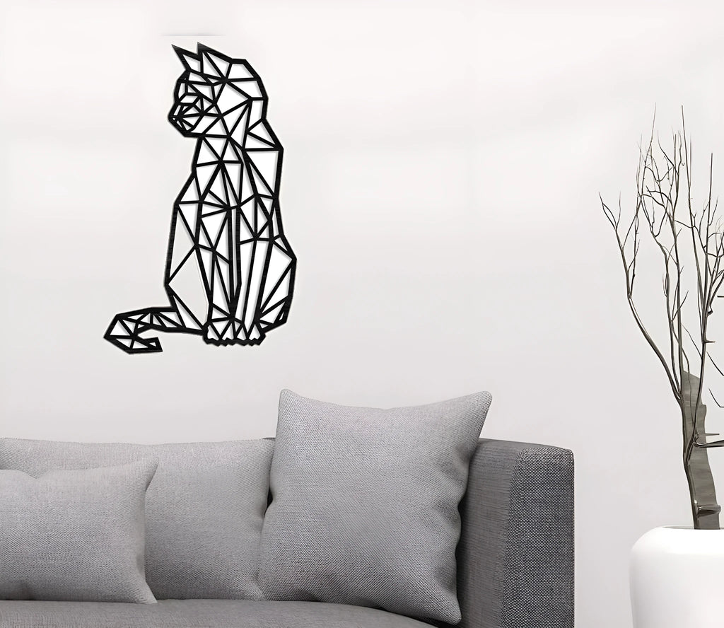 Black carved metal wall art cat silhouette laser engraved on galvanised iron 46x30cm