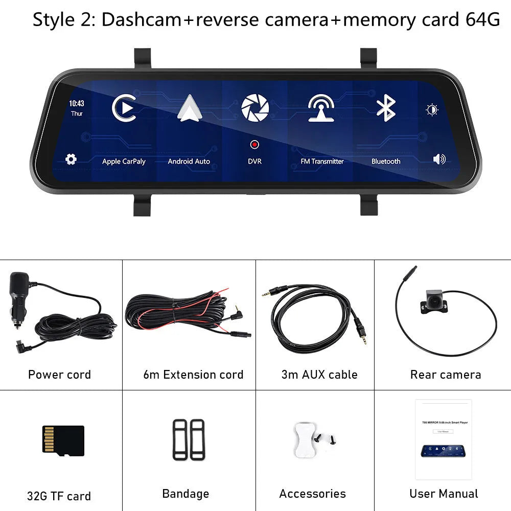 9.66-inch in-mirror car display showing split-screen view from front dashcam and waterproof rear camera.