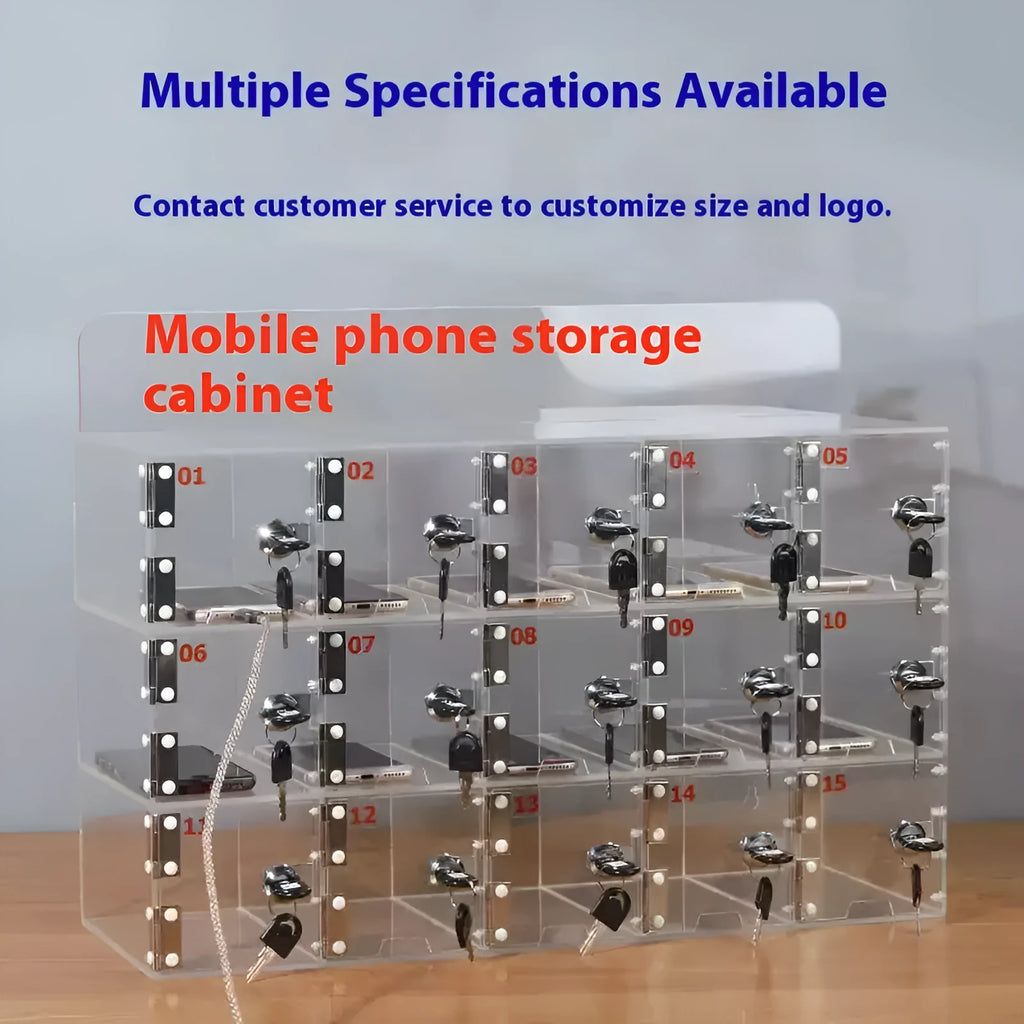 Transparent acrylic mobile phone storage cabinet with charging hole, small grid 10x5x18cm, for office desk use