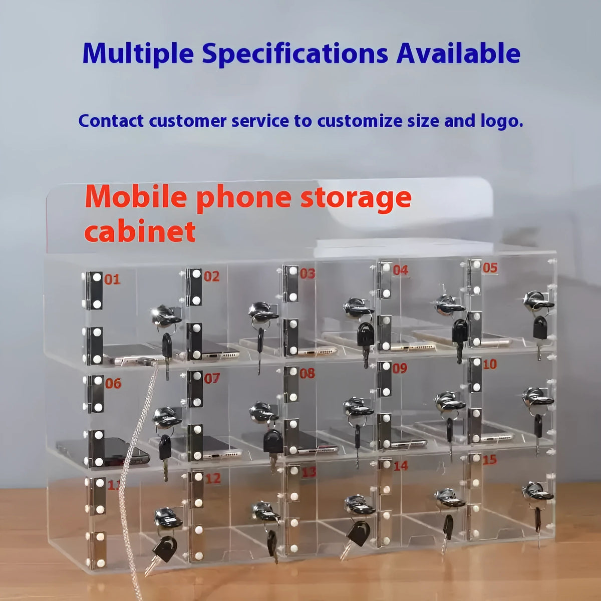 Transparent acrylic mobile phone storage cabinet with charging hole, small grid 10x5x18cm, for office desk use