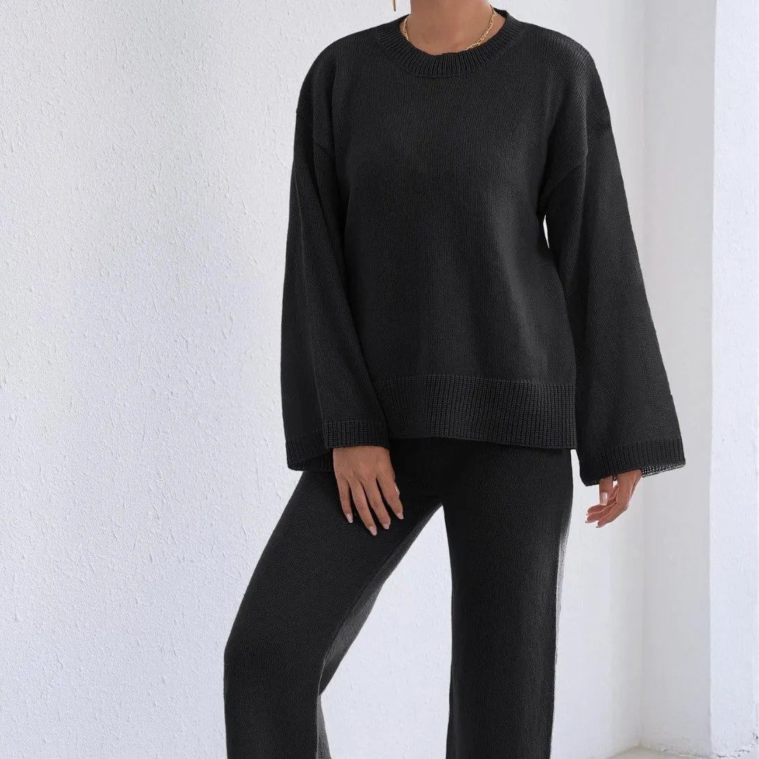 Women's two-piece loose pullover sweater and wide leg trousers set in deer plush fabric, beige suit option