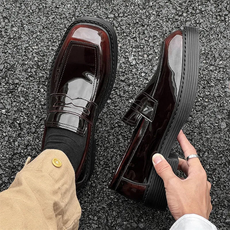 Hong Kong style thick-soled British leather casual shoes for men square toe rubber sole