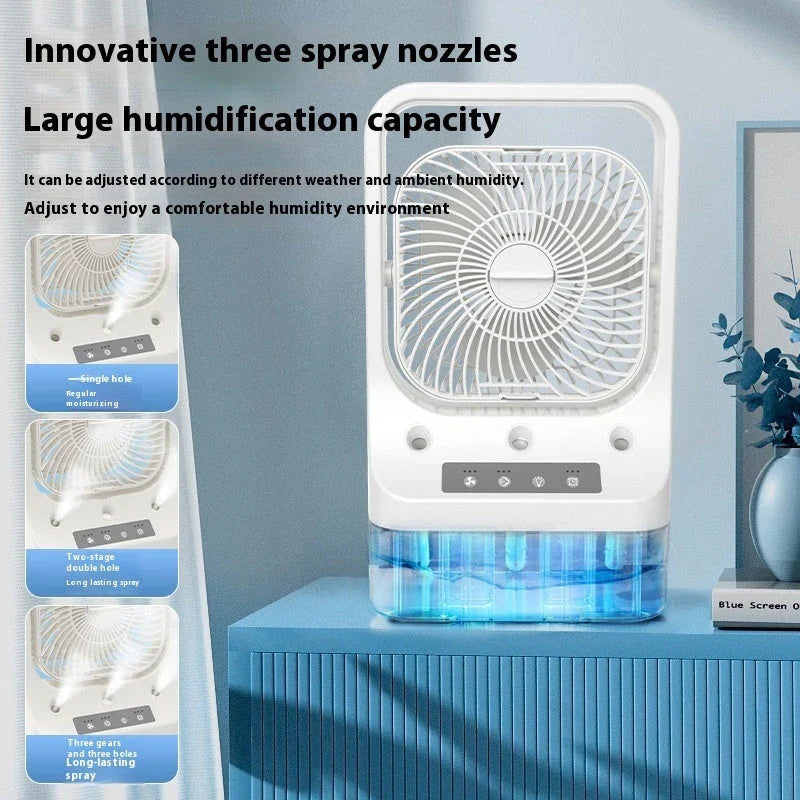 A white USB rechargeable cooling fan with a 270-degree adjustable head for customized airflow and atmosphere-enhancing colorful night lights.