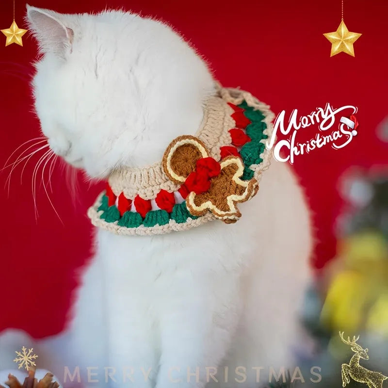 Adjustable Christmas knit pet collar with crochet elk pattern for cats and small dogs, sizes L and M