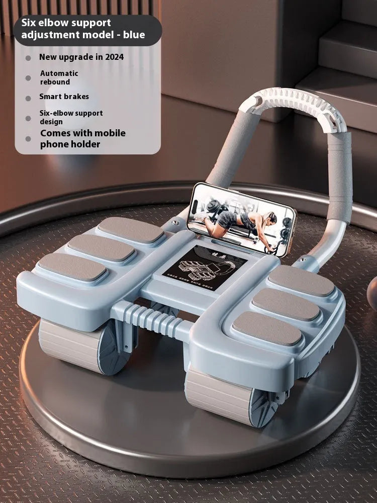 Orange four-wheel abdominal roller with elbow support pads and automatic rebound mechanism.