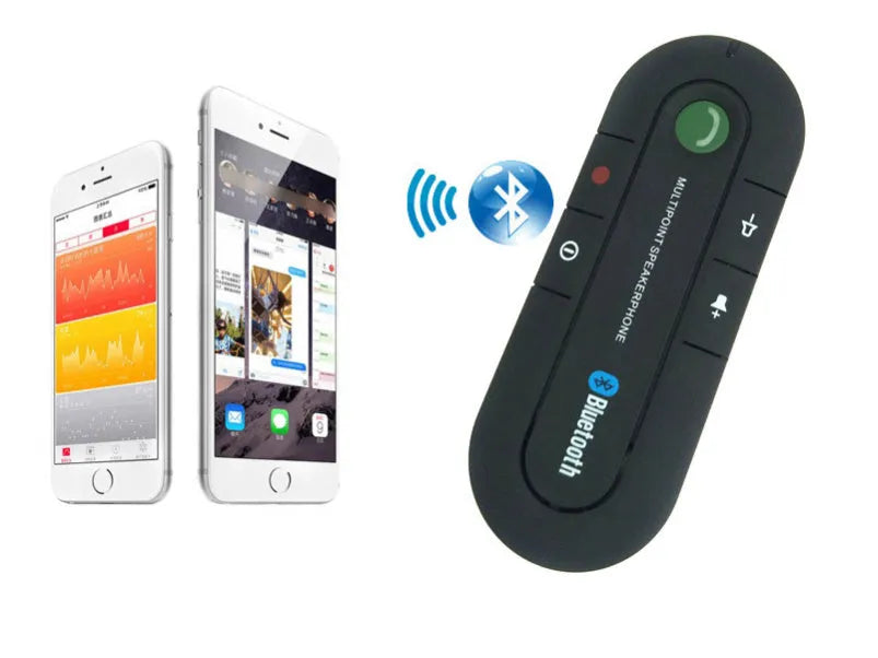 Black vehicle-mounted Bluetooth handsfree unit clipped to a car sun visor, with car charger and cable.