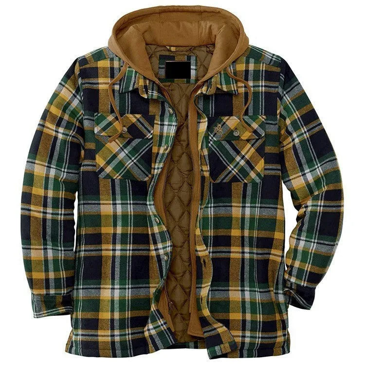Men's thickened plaid hooded cardigan, loose fit, cotton lining, available in multiple colours and sizes S-5XL