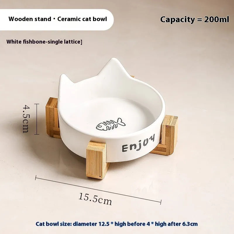 Porcelain cat bowl with cat ears rim and wooden anti-tumble frame in selected colour