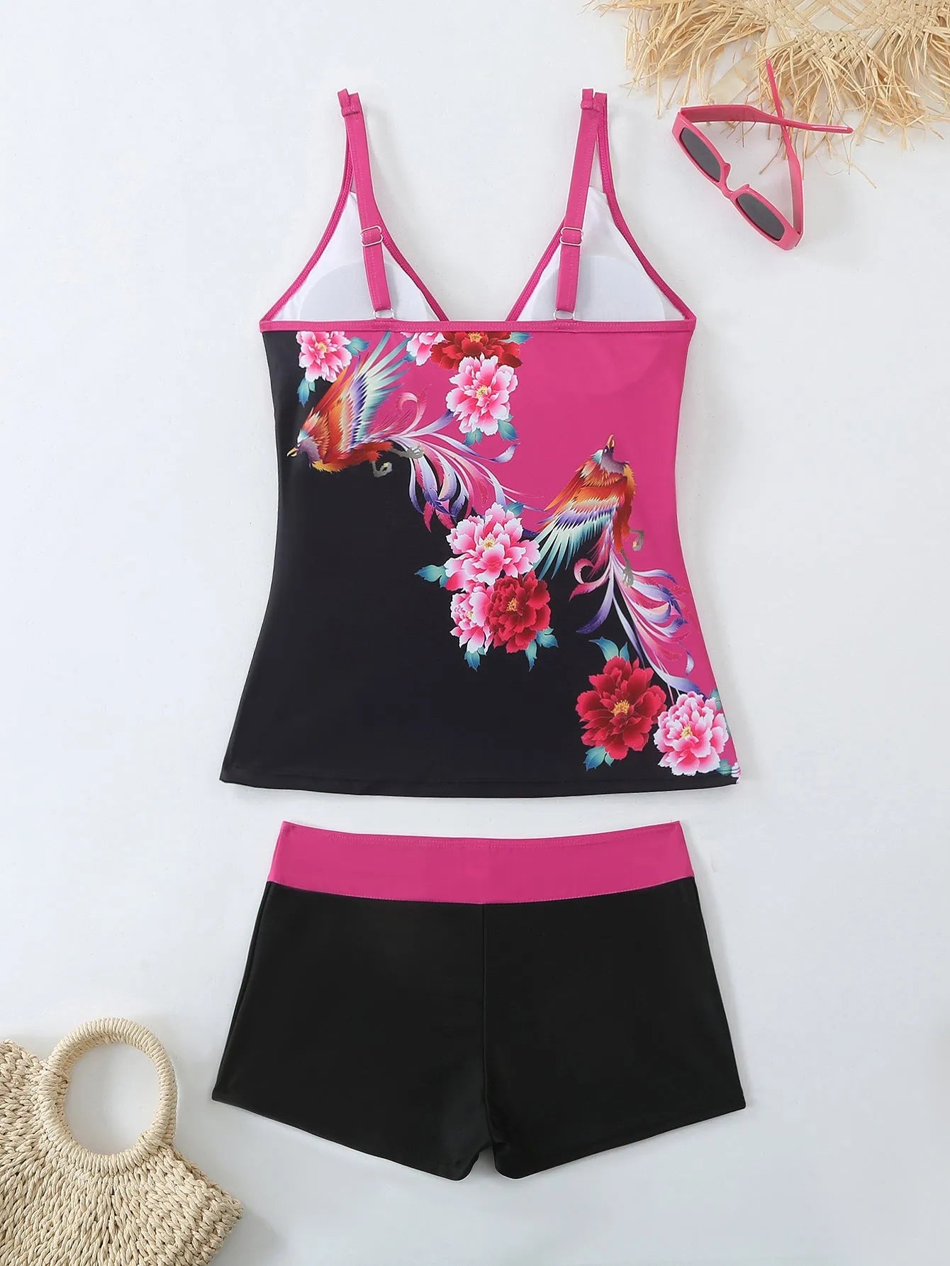 Women's plus size swimsuit set in black or rose red with briefs style and cotton lining