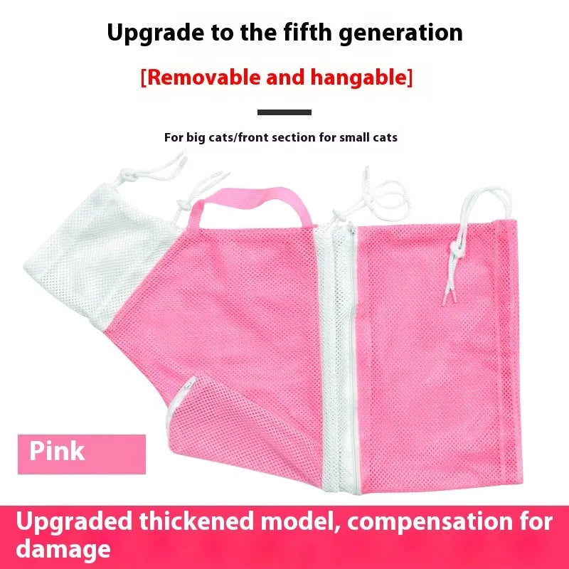 Pink and white detachable cat grooming bag with scratch-resistant fabric next to a miracle baby sponge.