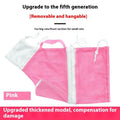 Pink and white detachable cat grooming bag with scratch-resistant fabric next to a miracle baby sponge.