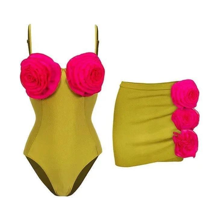 French-style women's one-piece swimsuit in solid colour and hollow out designs with optional separate skirt
