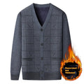 Men's grey batwing sleeve cardigan with wool lining shown on a hanger.