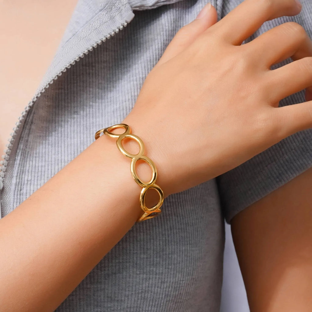 Gold open-ended stainless steel bracelet for women, geometric 13g cuff by Twilight Mountain