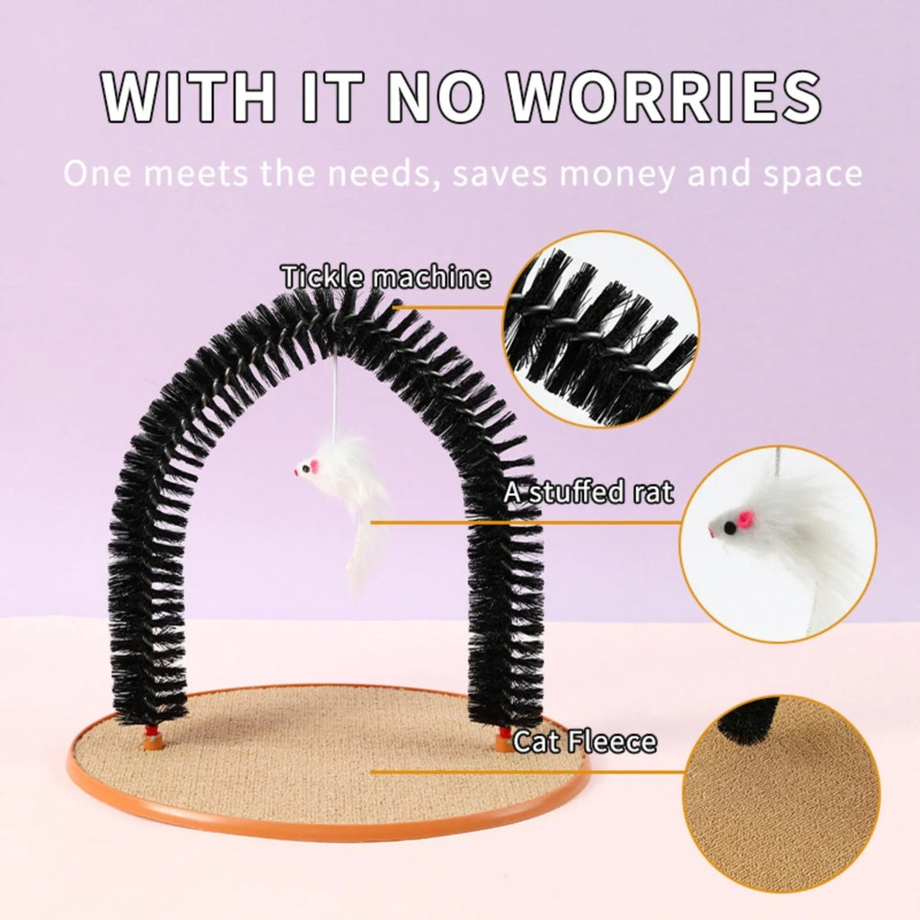 Black arch-shaped cat scratching post with grooming brush and attached mouse toy on non-slip base