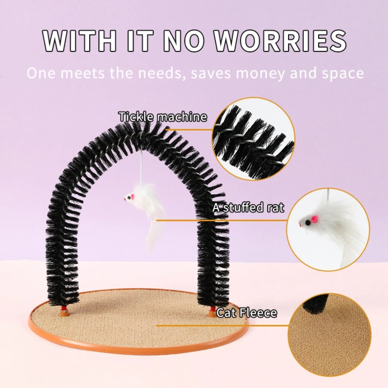 Black arch-shaped cat scratching post with grooming brush and attached mouse toy on non-slip base