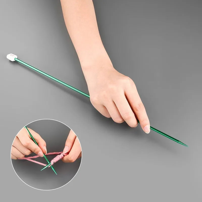 Aluminium lengthened crochet hook set showing multiple sizes with protective caps for knitting crafts