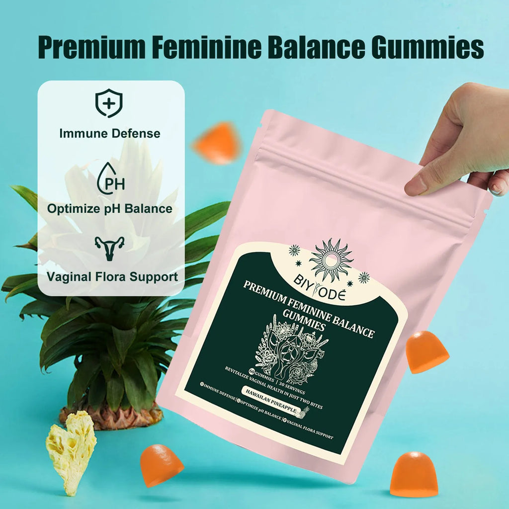 Feminine balance gummies in a clear pouch with pineapple flavour and vitamin C for vaginal health