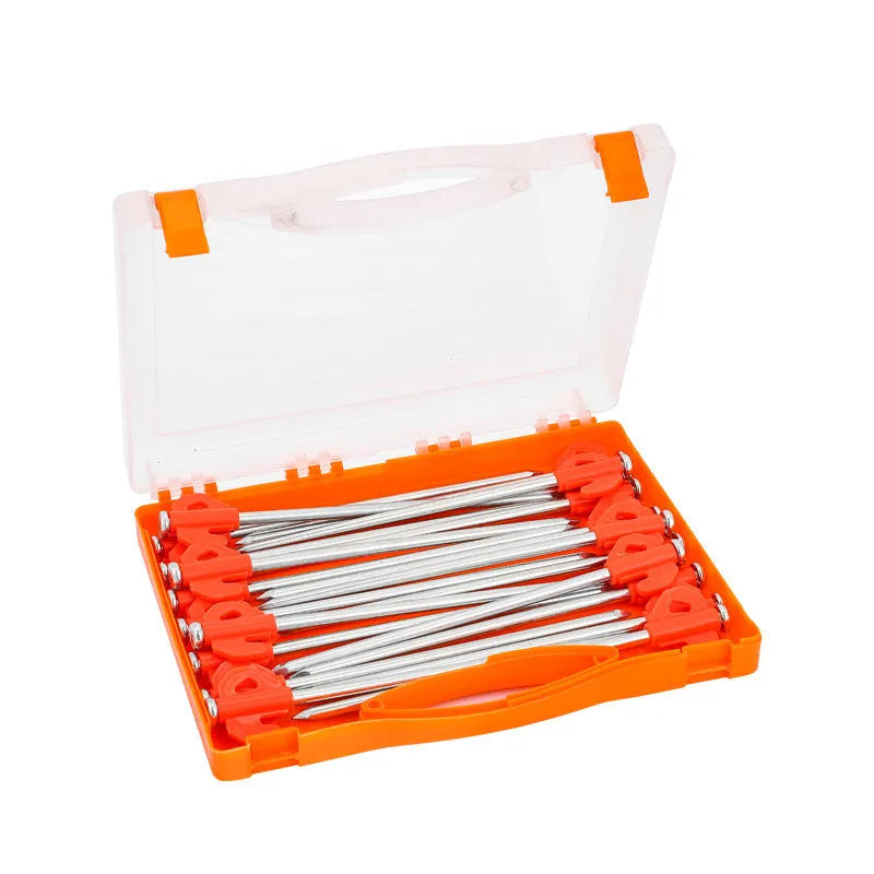 Boxed orange plastic tent stakes with small flat heads, 6.5x20.5mm, for outdoor camping ground fixing