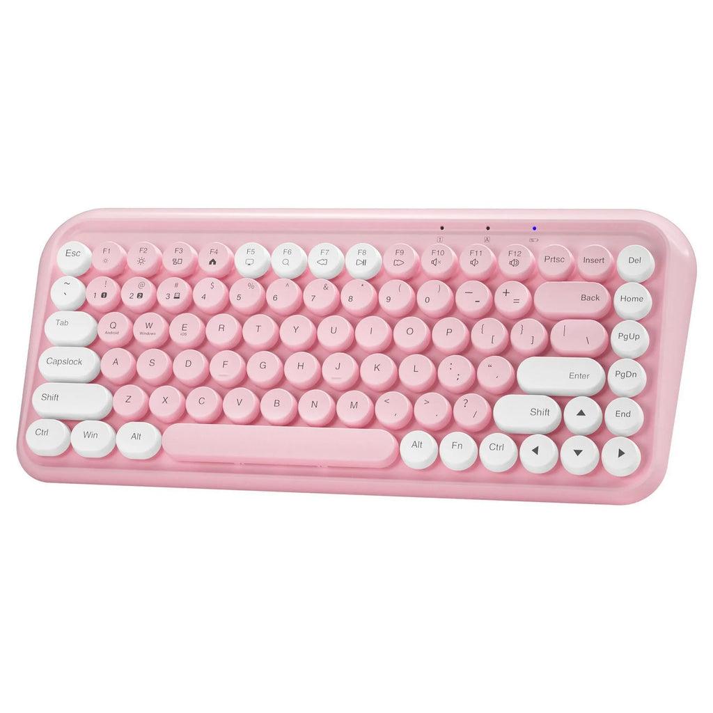 Pink wireless Bluetooth keyboard with 84 keys showing crater architecture button technology