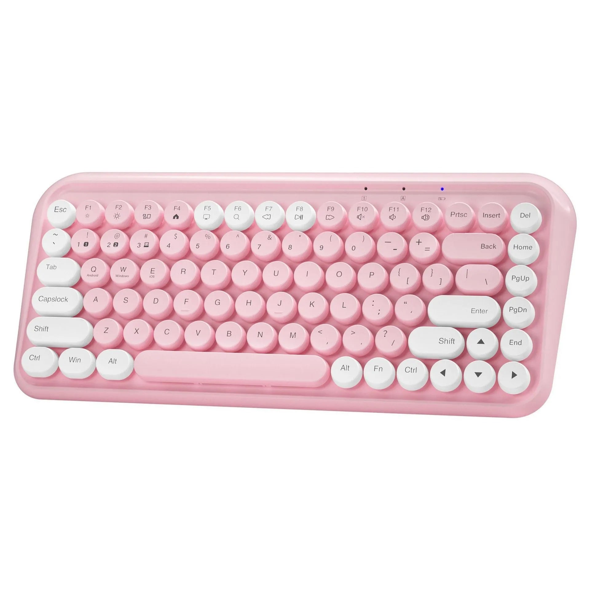 Pink wireless Bluetooth keyboard with 84 keys showing crater architecture button technology