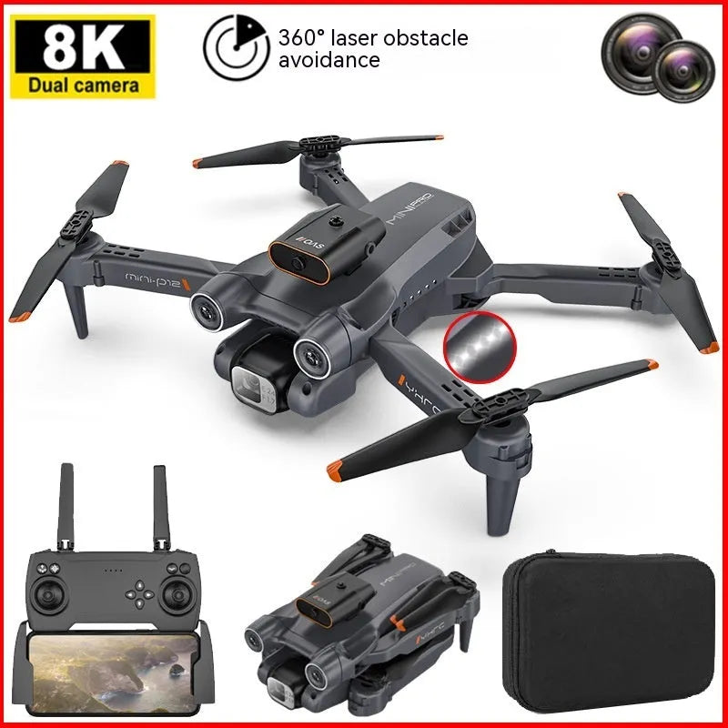 Black P12 remote-controlled quadcopter drone with camera, shown folded and unfolded.