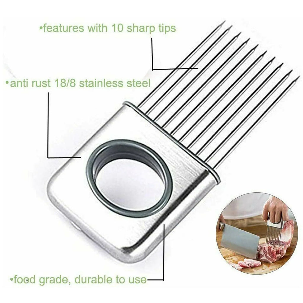 Stainless steel onion holder with prongs and finger guard for slicing vegetables