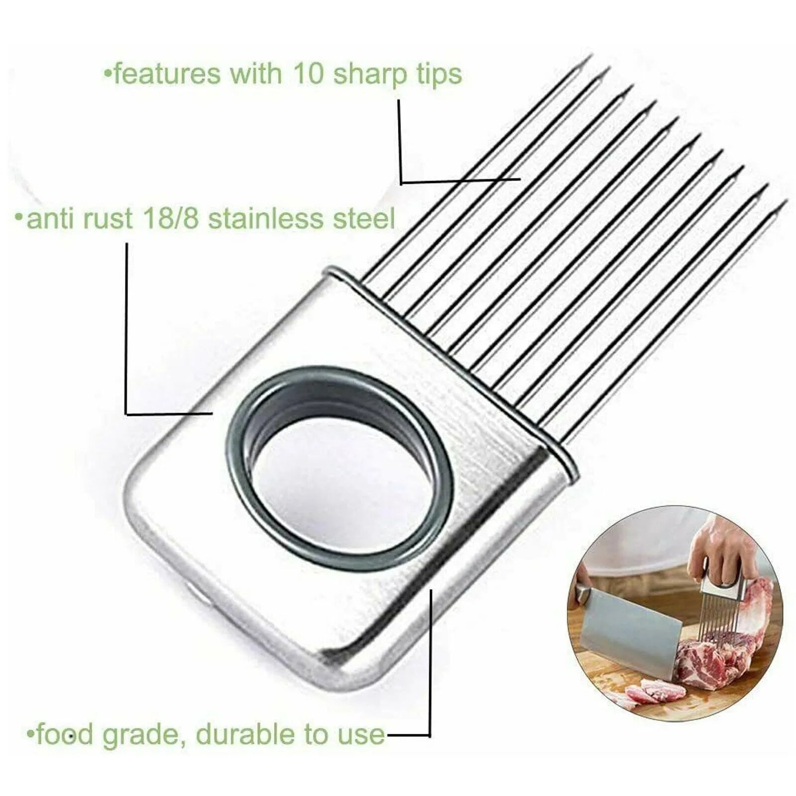 Stainless steel onion holder with prongs and finger guard for slicing vegetables